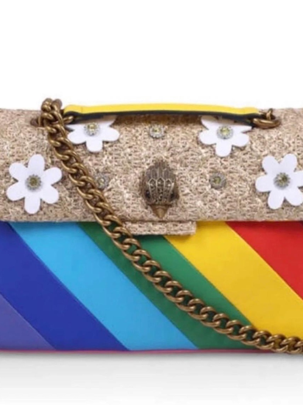 Kurt Geiger Rainbow Stripe Crossbody with White Floral Appliqués
